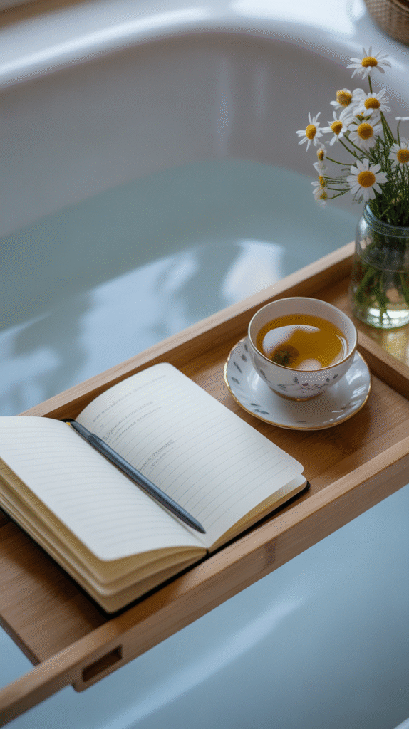 bath tray with an open journal pen and a vtdb1yvrywrimvihnnxha hkybyxoltcsfeccv9tn9ba