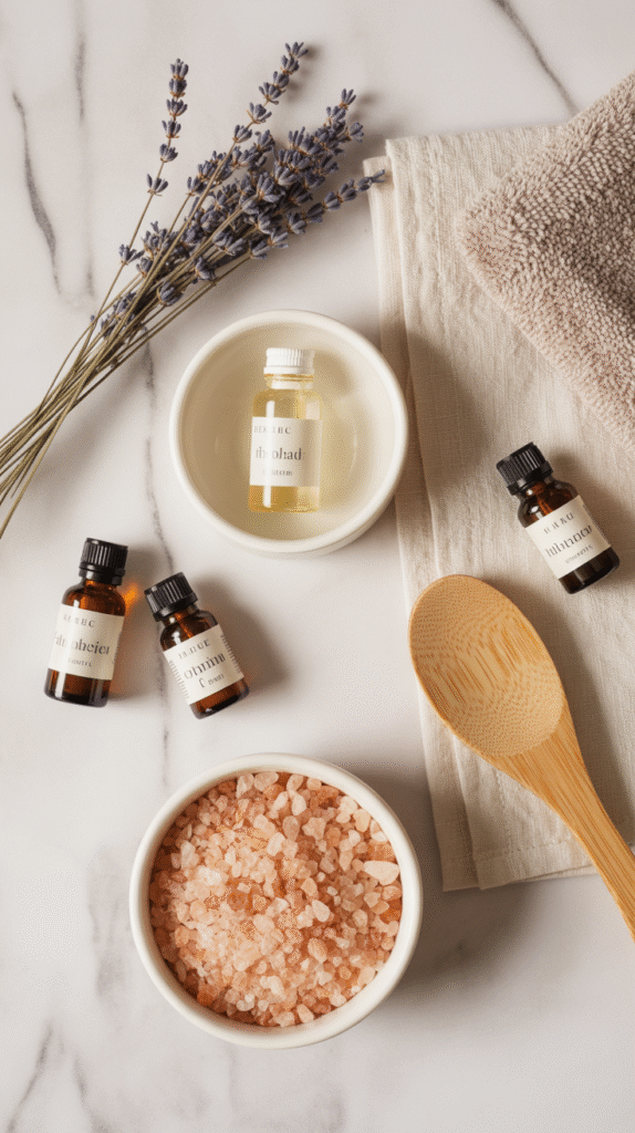 flat lay of bath essentials small glass mzlvfgcdtho7l 4271ujxg 0k p5wx2scaaom62zrb1pw